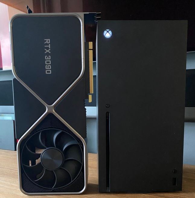 The size of the NVIDIA RTX 3090 video card is comparable to the Xbox Series X console